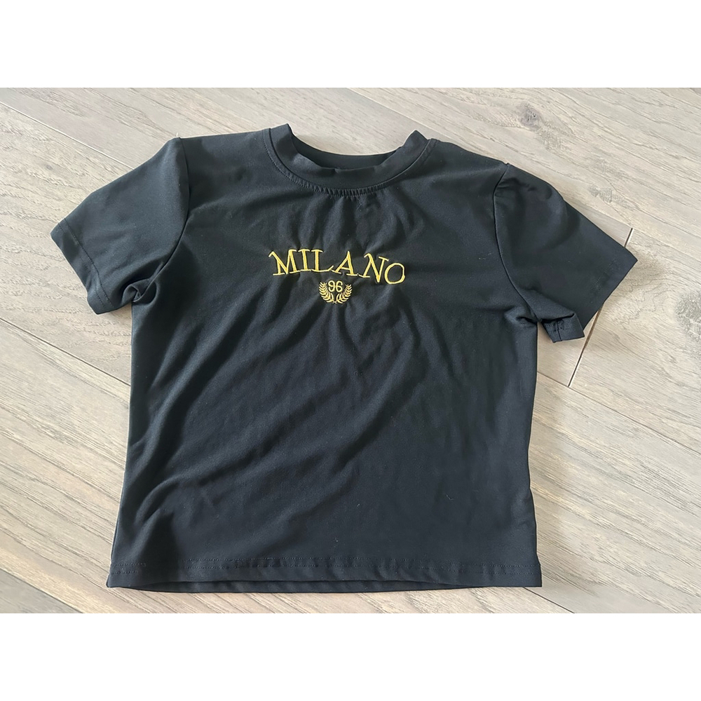 Milano Embroidered T Shirt Black with Gold Lettering Size Small